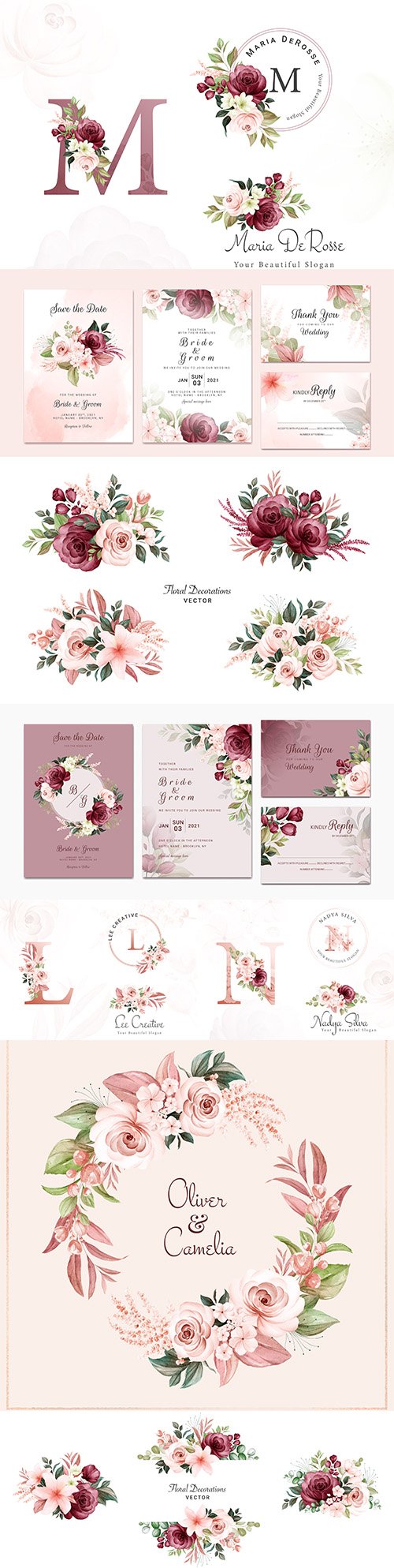 Wedding invitation template watercolor flower and green leaves 7