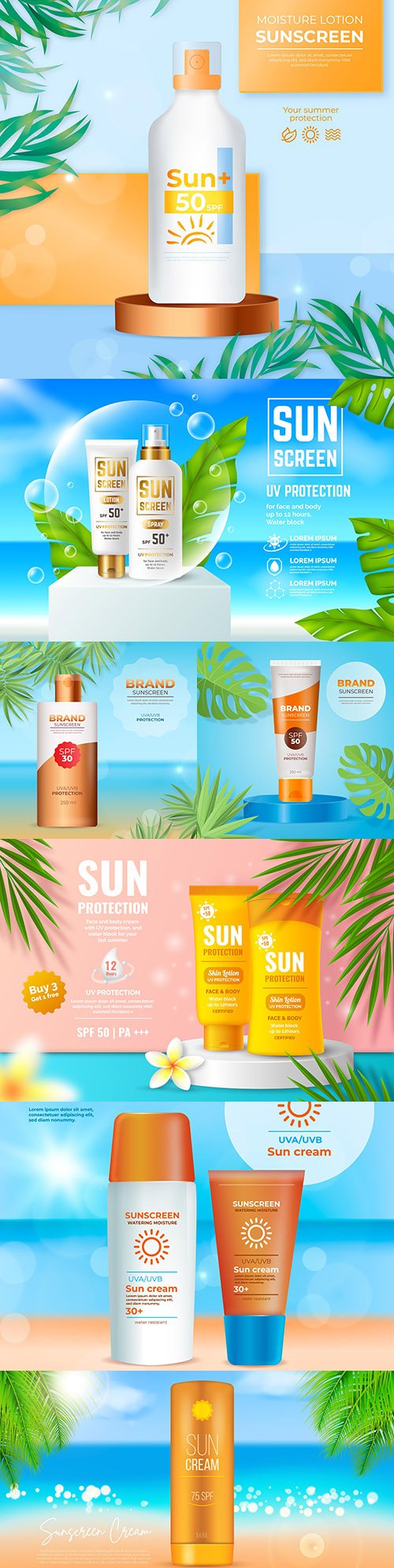 Realistic advertising of summer sunscreen and lotion