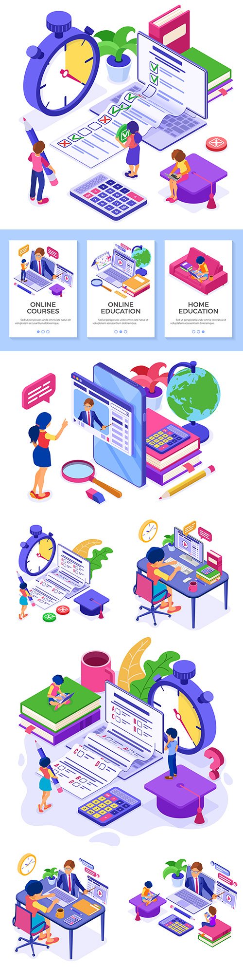 Online distance learning from home isometric illustrations