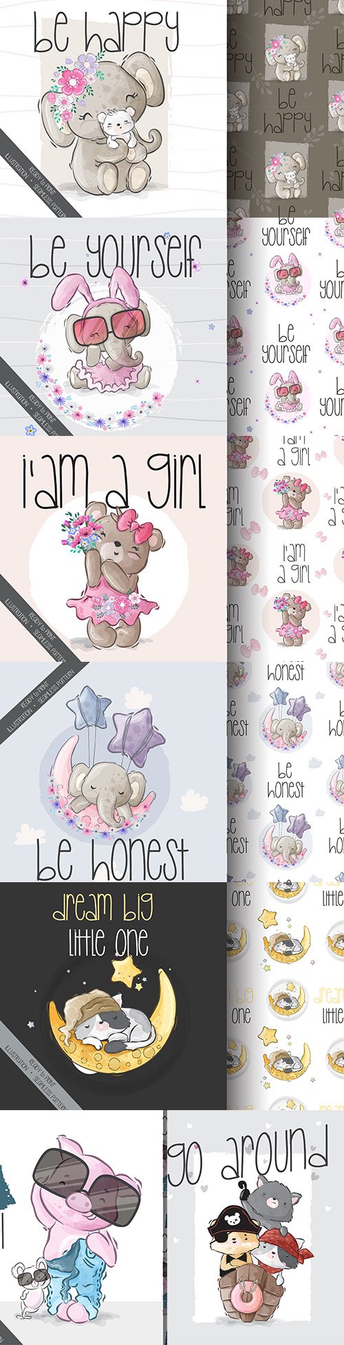 Cute cartoon animals and seamless background 23