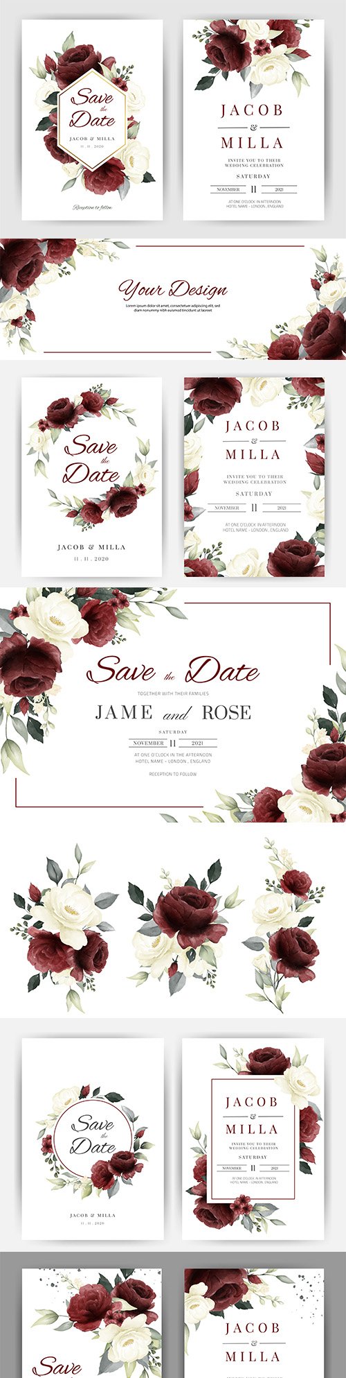 Wedding invitation template watercolor flower and green leaves 8