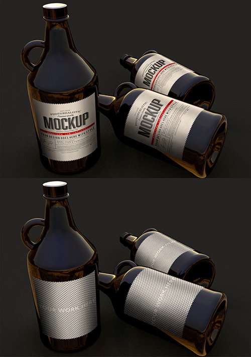 3 Big Dark Beer Bottles Mockup 348945059