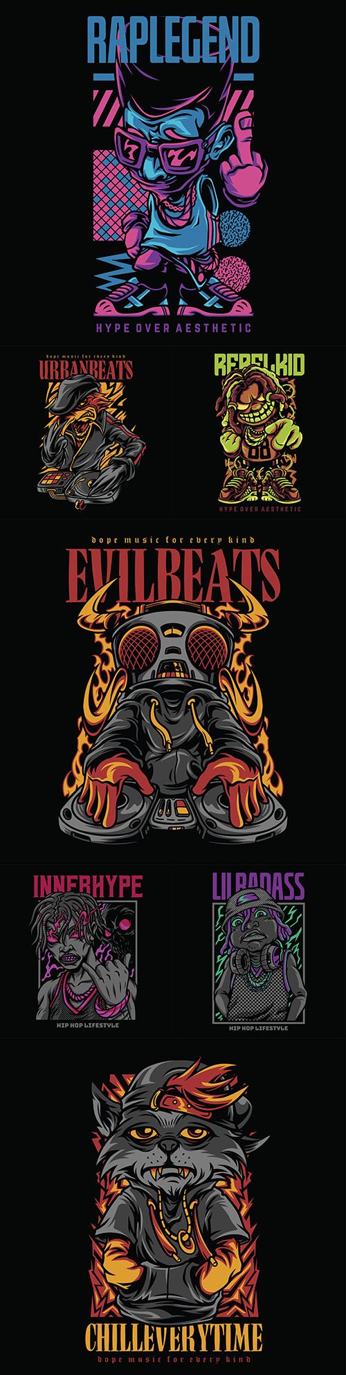 Collection of illustrations for different hip-hop themes