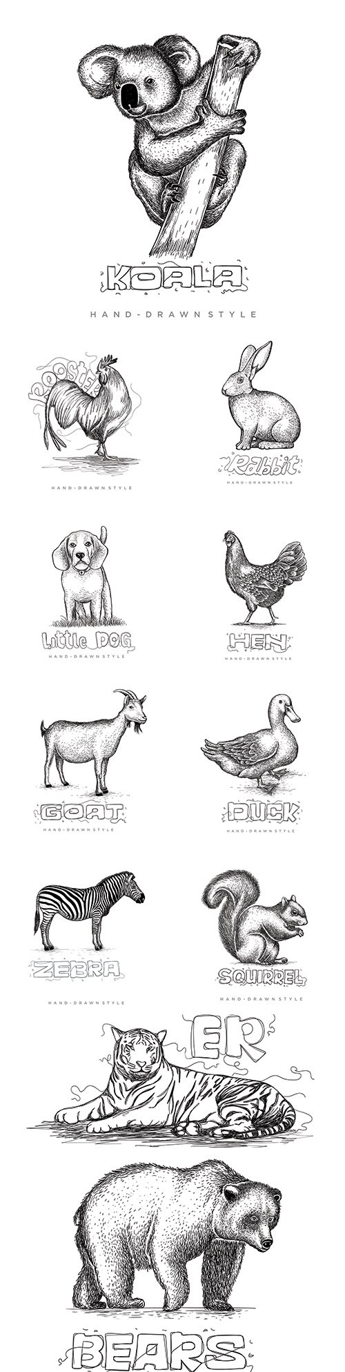 Wild and pets hand drawing illustration black and white