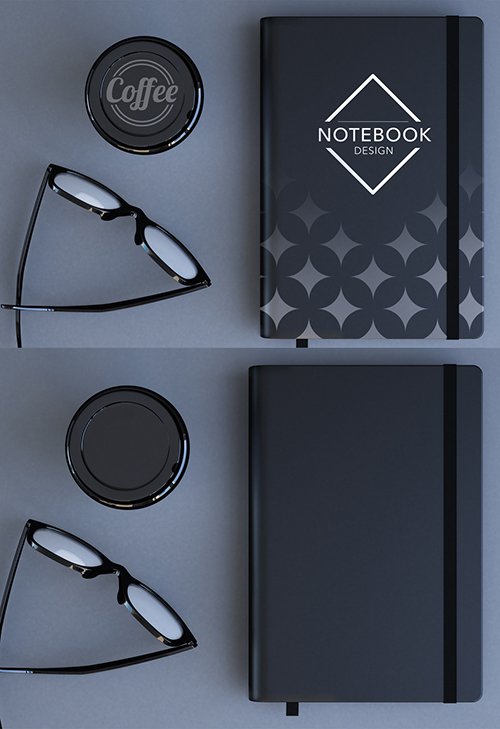 Top View Desk with a Notebook and Coffee Cup Mockup