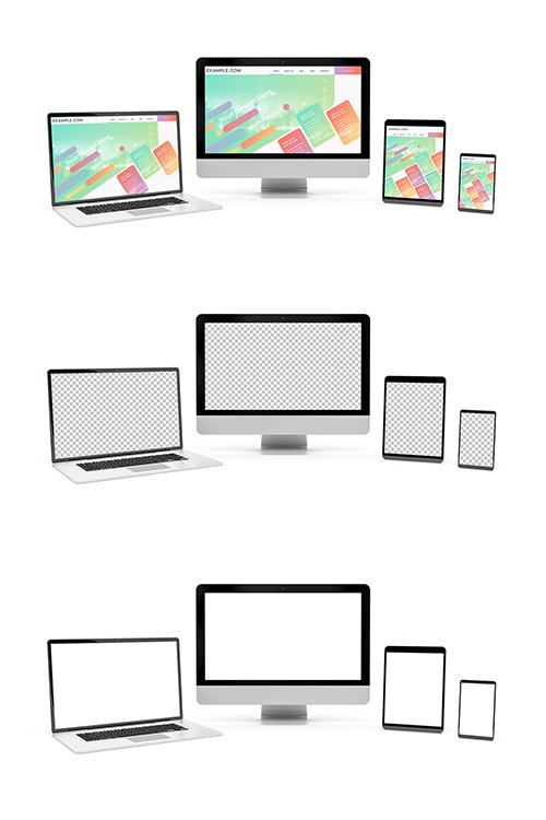 4 Screen Devices on White Background Mockup