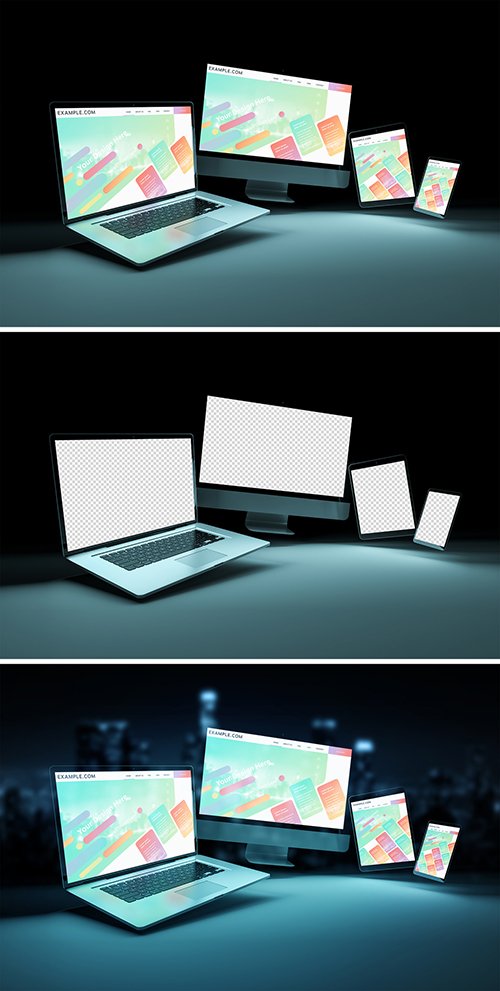 4 Screen Devices on Dark Background Mockup
