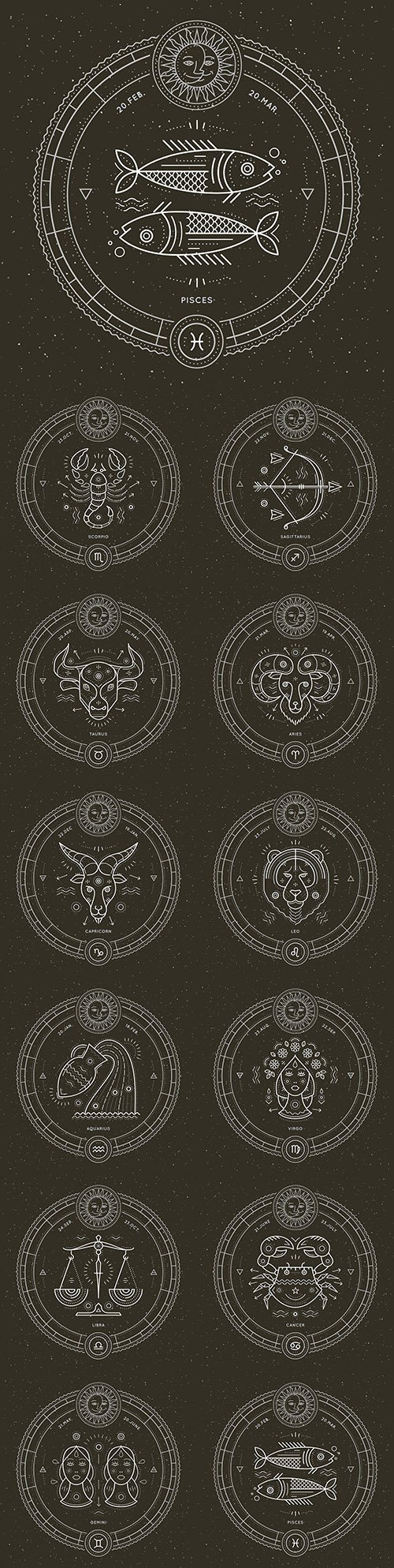 Zodiac sign retro astrological symbol and emblem illustration