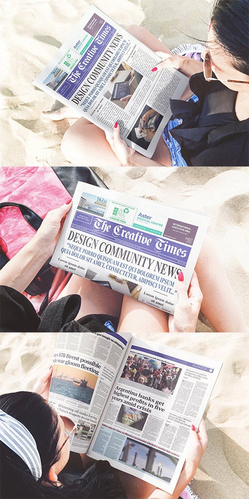 Girl Reading Newspaper Beach Scene Mockup