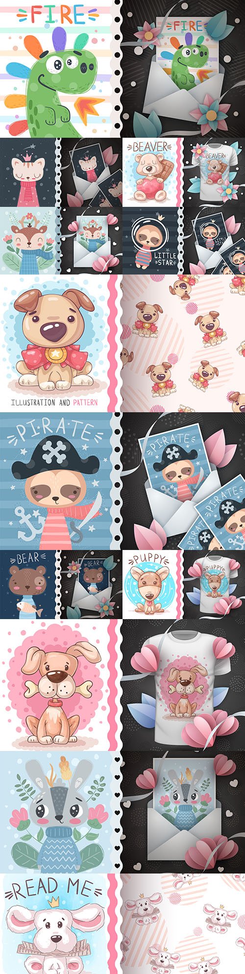 Cute cartoon animals and seamless background 25