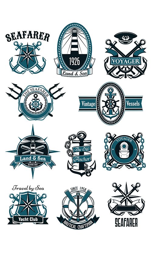 Antique sea badges and emblems with marine design