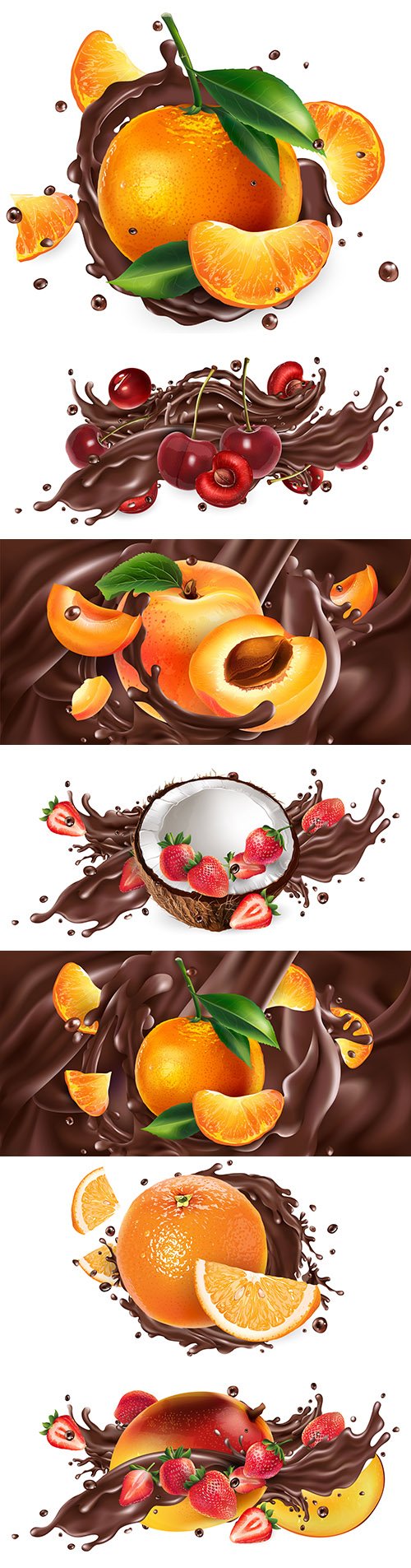 Whole and chopped fruit in chocolate splash realistic illustrations 2