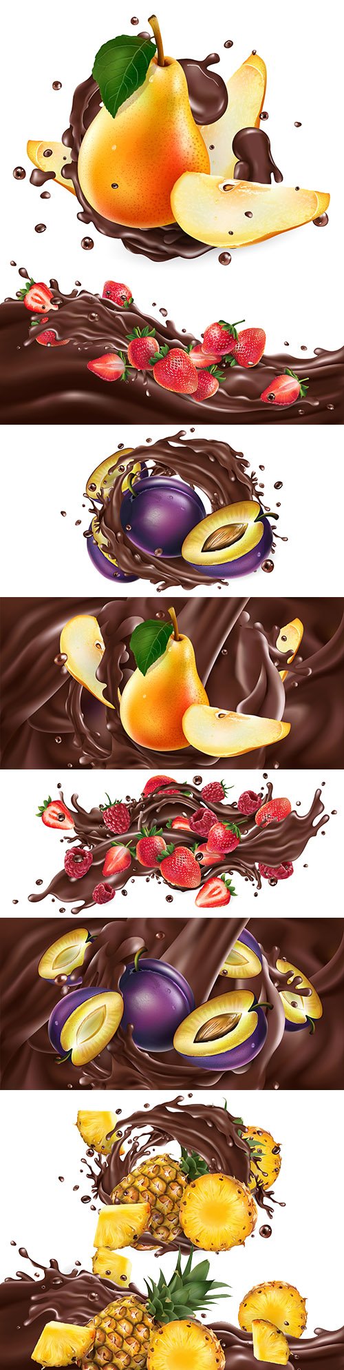 Whole and chopped fruit in chocolate splash realistic illustrations