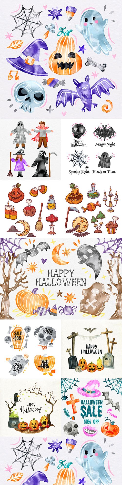 Halloween cute cartoon character watercolor illustration