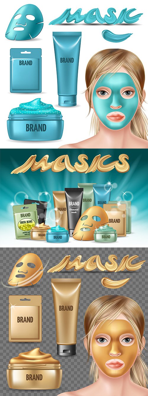 Set of cosmetic blue and gold face mask