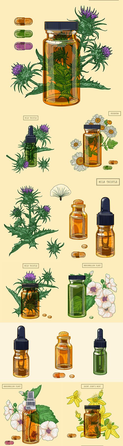Medicinal herbs and bubble for oil sketch design
