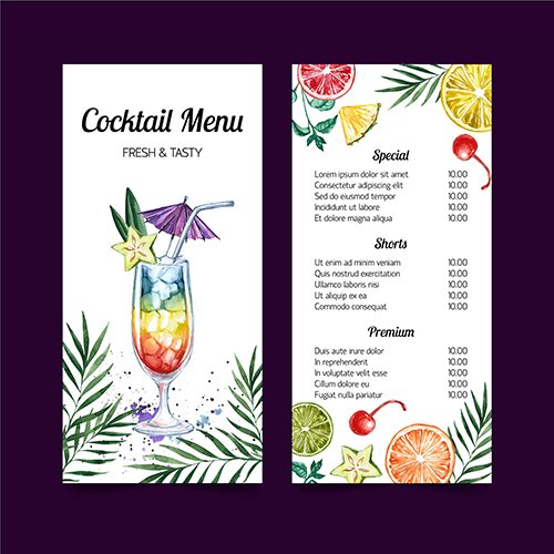 Cocktail menu watercolor template design