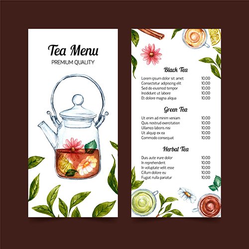 Tea menu watercolor template design