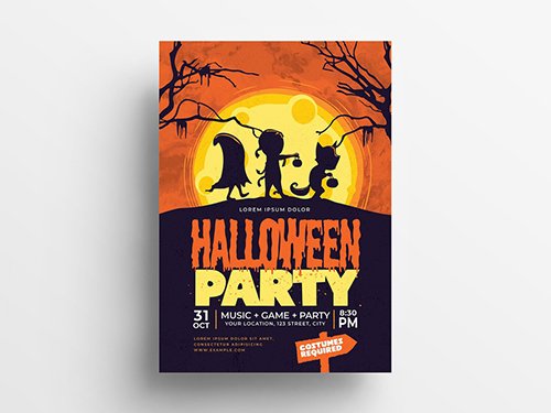 Halloween Flyer Layout with Cartoon-Style Illustrations