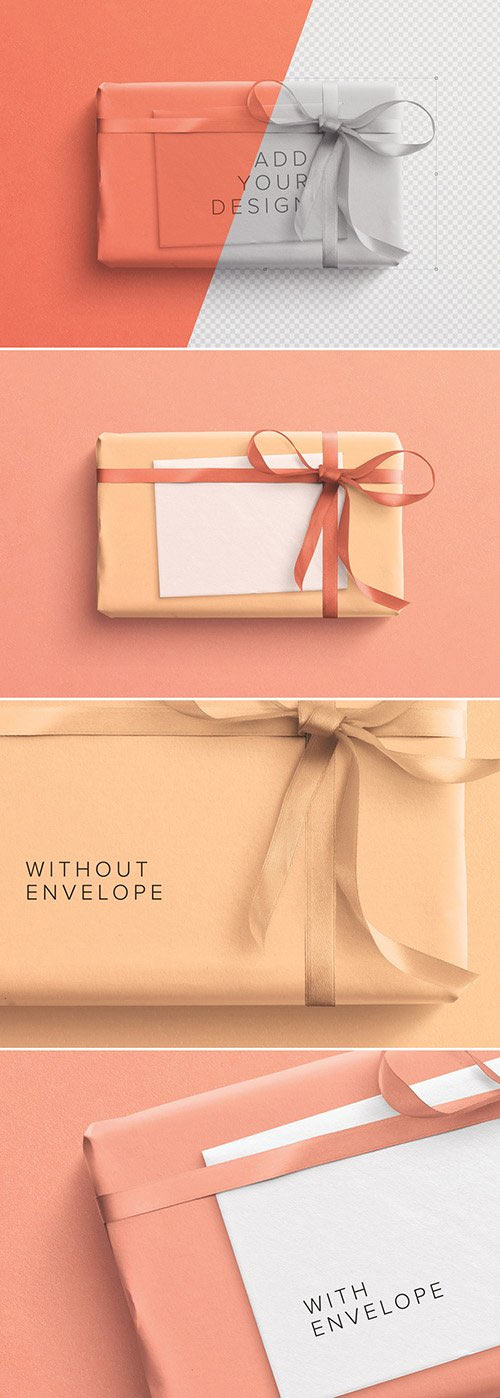 Wrapped Gift Box and Envelope Mockup