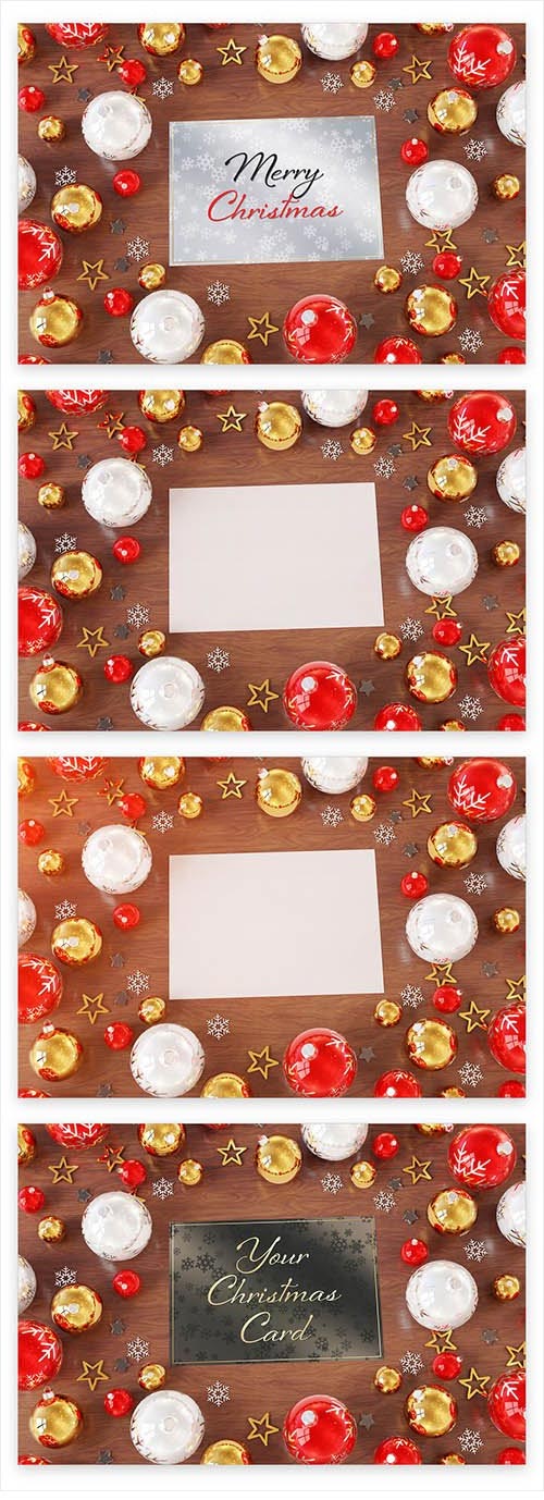 Christmas Card on Wooden Desk with Ornaments Mockup