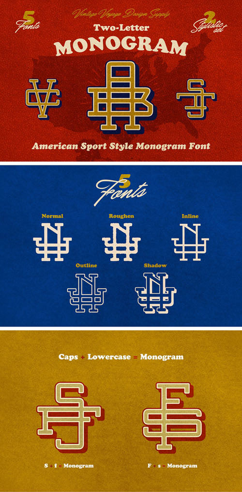Vintage Monogram Font - American Sport Style Monograme Font (5-Weights)
