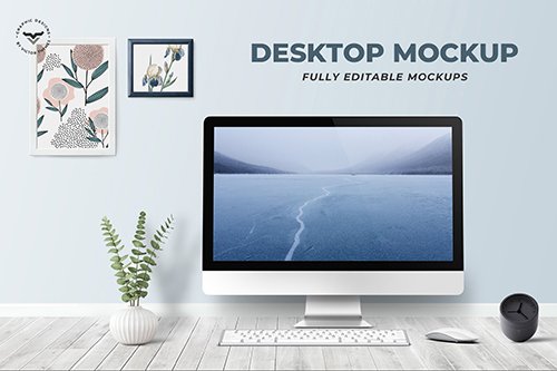 Desktop On Table PSD Mockup