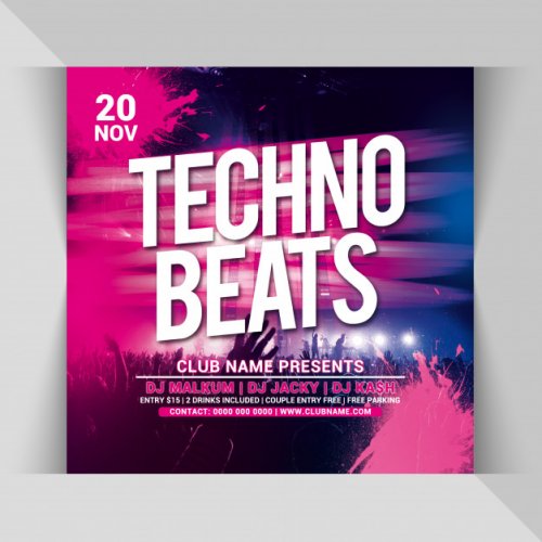 Techno beats party square flyer template