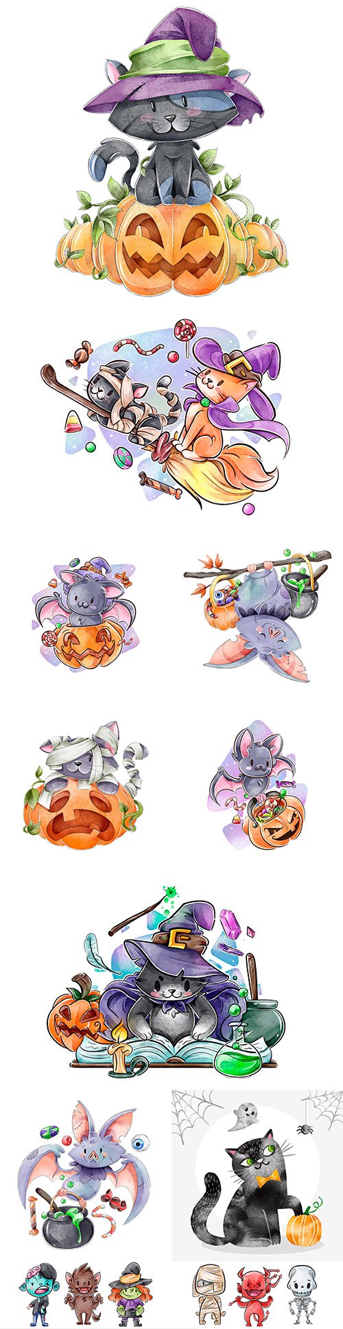 Happy Halloween holiday collection watercolor illustrations