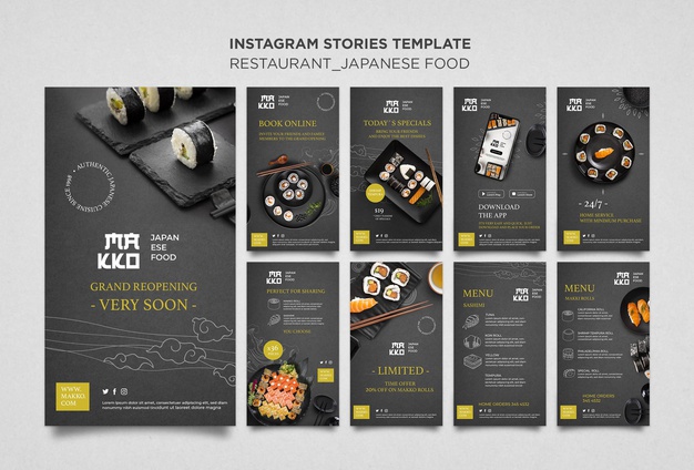 Set of sushi restaurant instagram stories