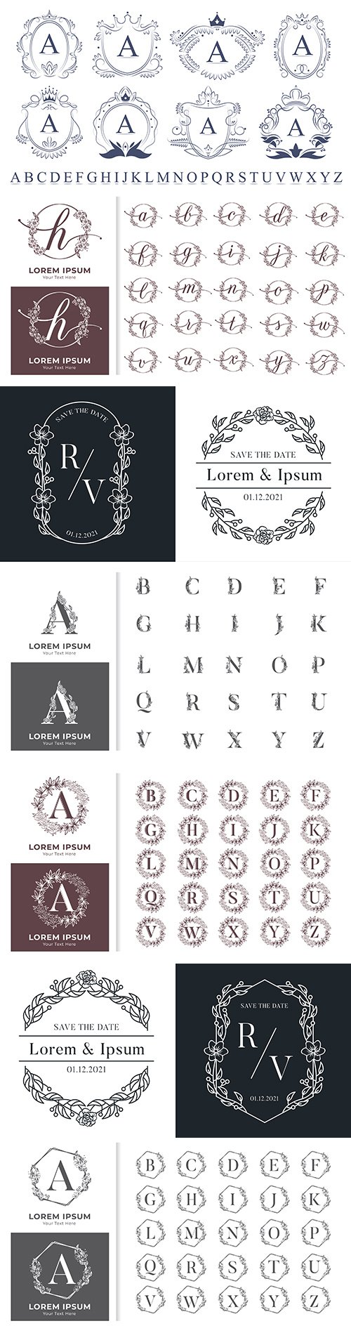 Decorative luxury monogram alphabet with floral frames