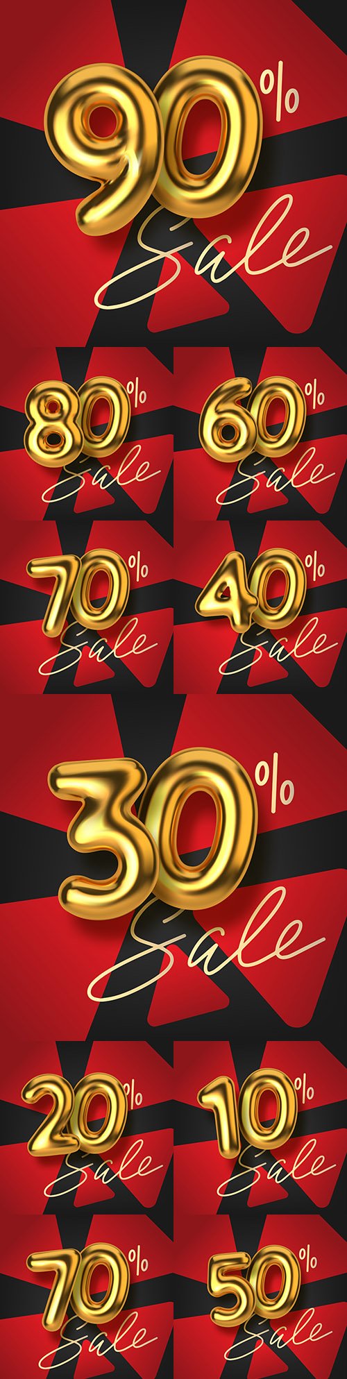 Promotion discount from realistic 3d gold text balloons