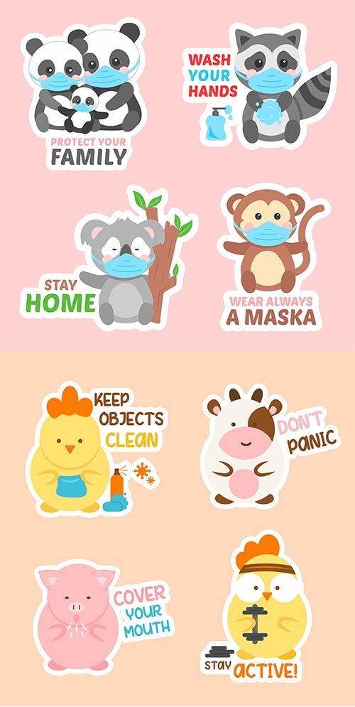 Coronavirus Concept Stickers with Cute Animals