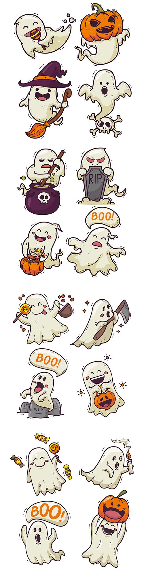 Halloween cartoon ghost drawn illustrations