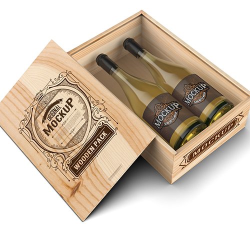 Wooden Box with White Wine Bottles