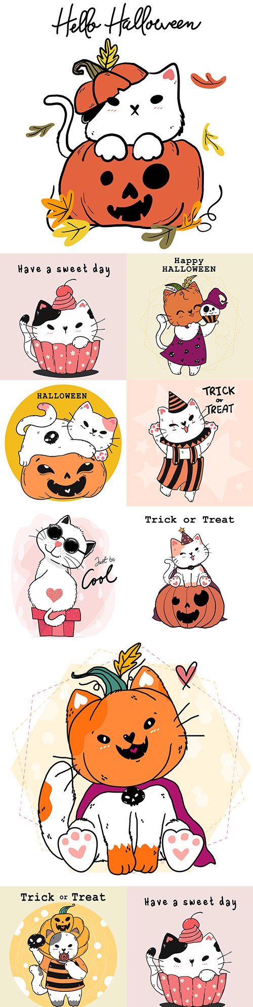 Cute happy cartoon white cat in Halloween costume