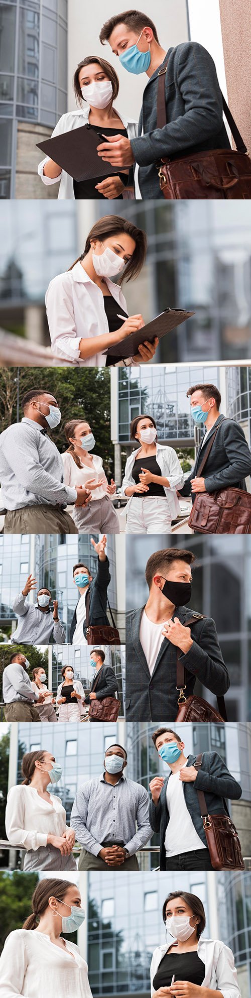 Colleagues chat outdoors during pandemic with face masks