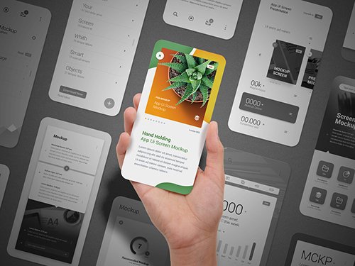 Hand Holding App Ui Screen with 11 Screens in the Background Mockup