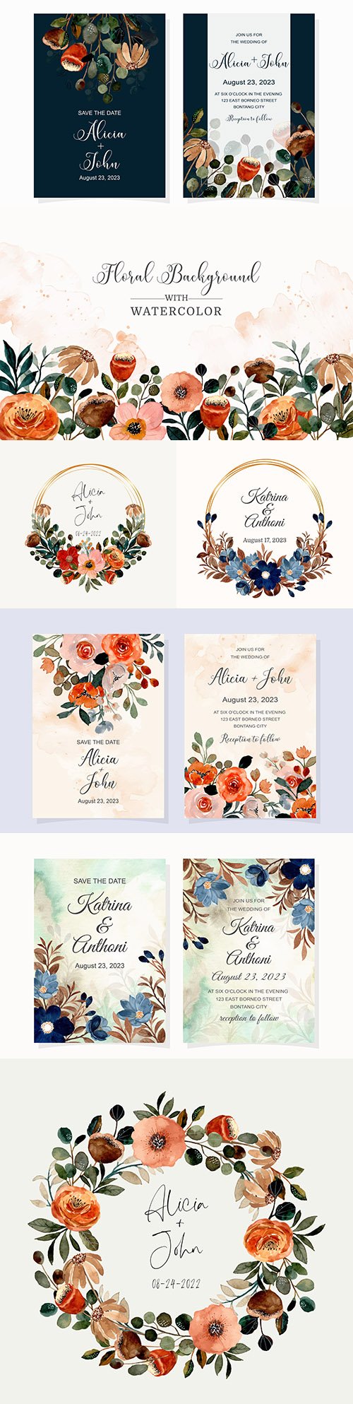 Wedding invitation with blue flower and brown watercolor leaves