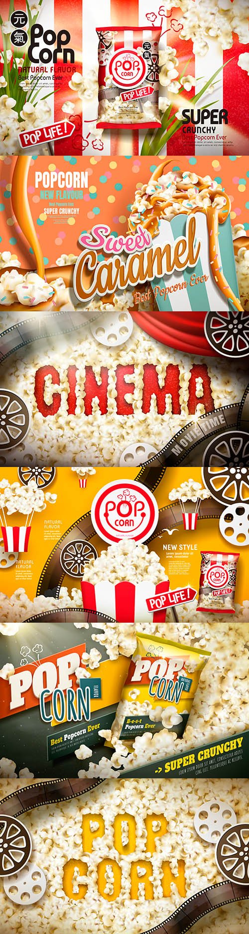 Advertising crisp popcorn with different tastes and foil packaging