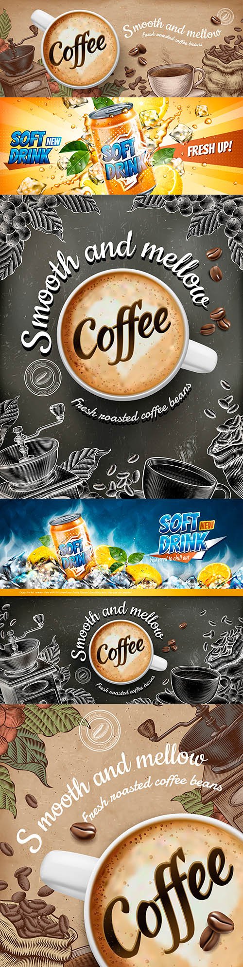 Banner advertising of soft citrus drinks and coffee latte