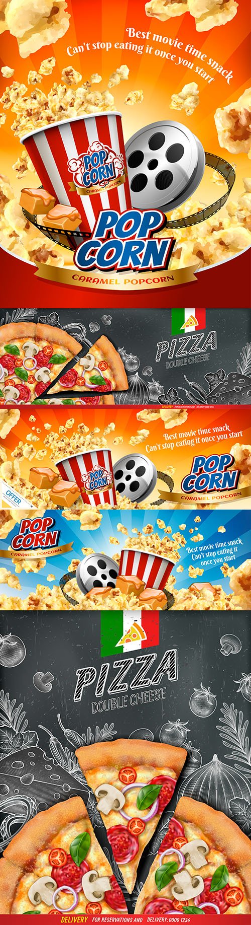 Poster with popcorn and pizza banner food advertisement