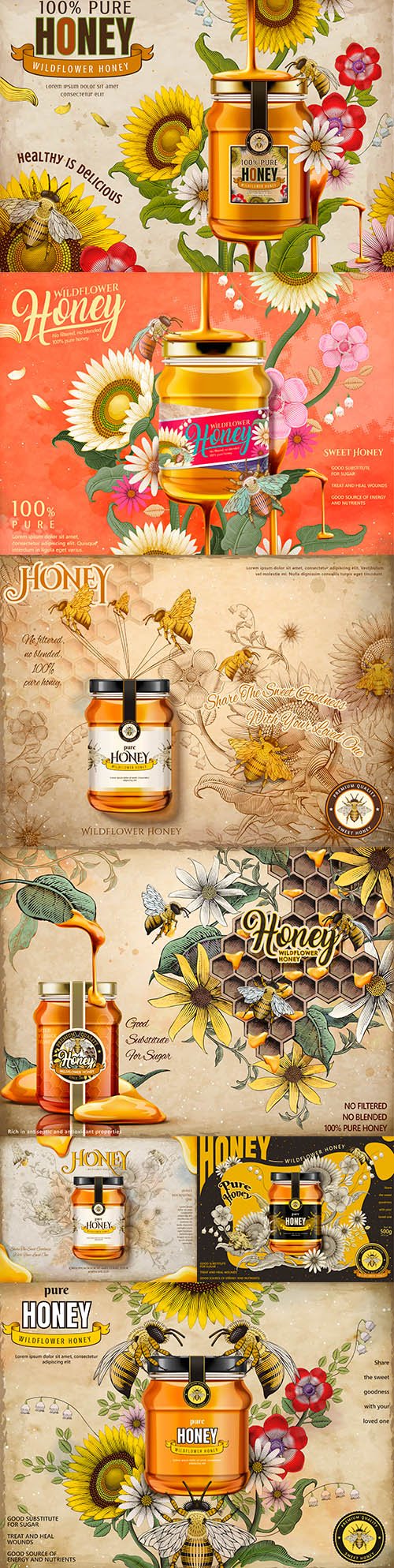 Advertising tasty honey from field flowers in glass jar illustration