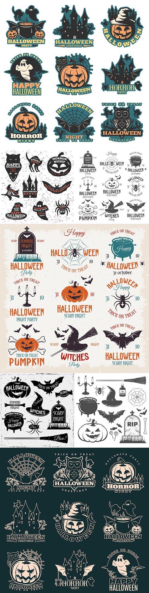 Halloween holiday elements and painted illustration emblems