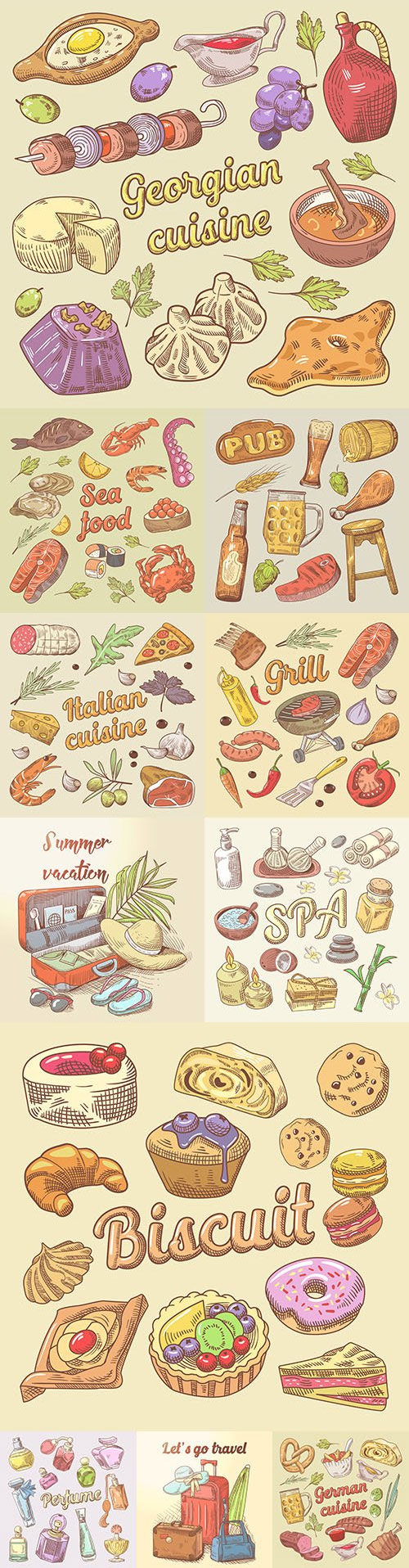 Doodle traditional dishes from different countries and cosmetics items