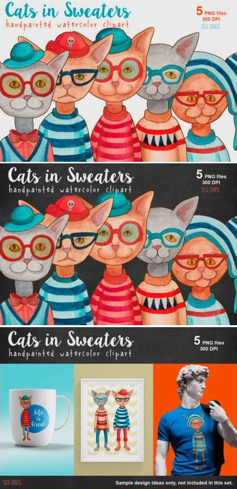 Cats in Sweaters Watercolor Clipart Set