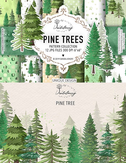 Pine trees cliparts and Digital paper pack