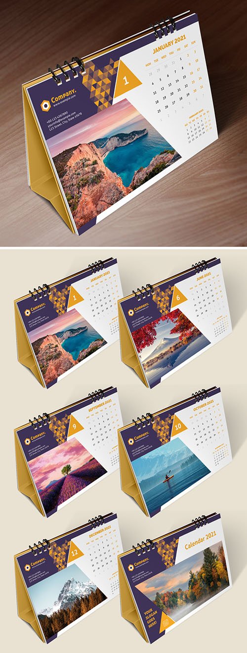 Desk Calendar 2021 Layout with Yellow Gradient Triangle Elements