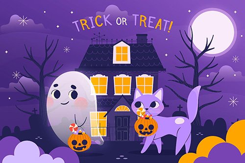 Hand-Drawn Happy Halloween Background with Ghost Cat