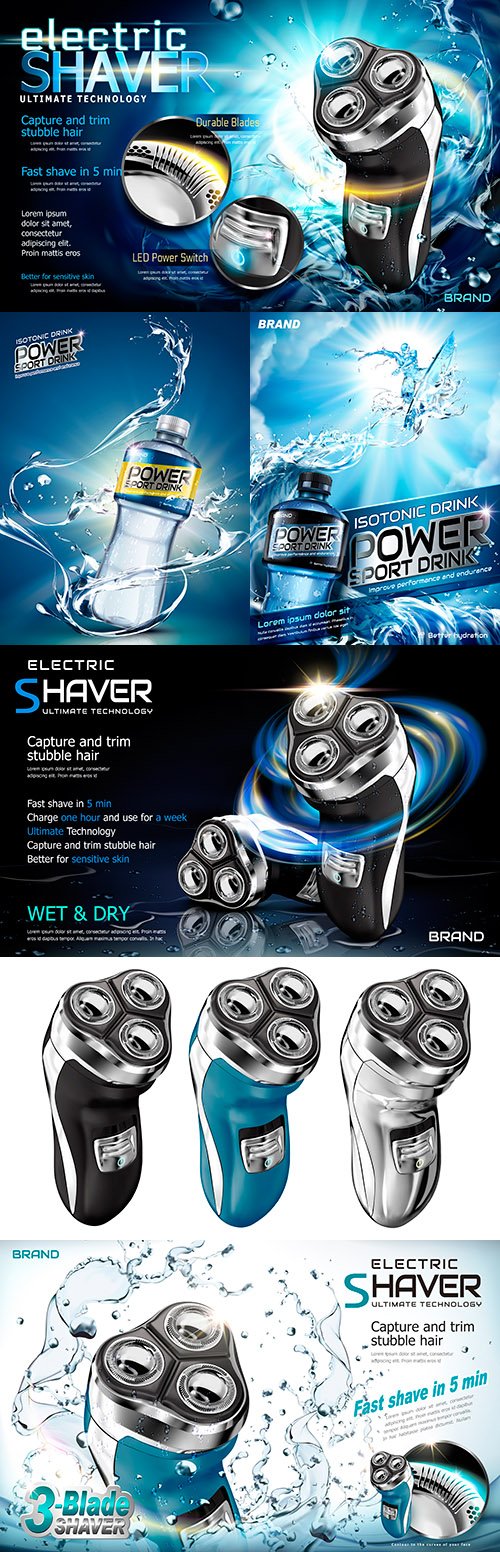 Illustration of advertising electric shaver and sports drinks